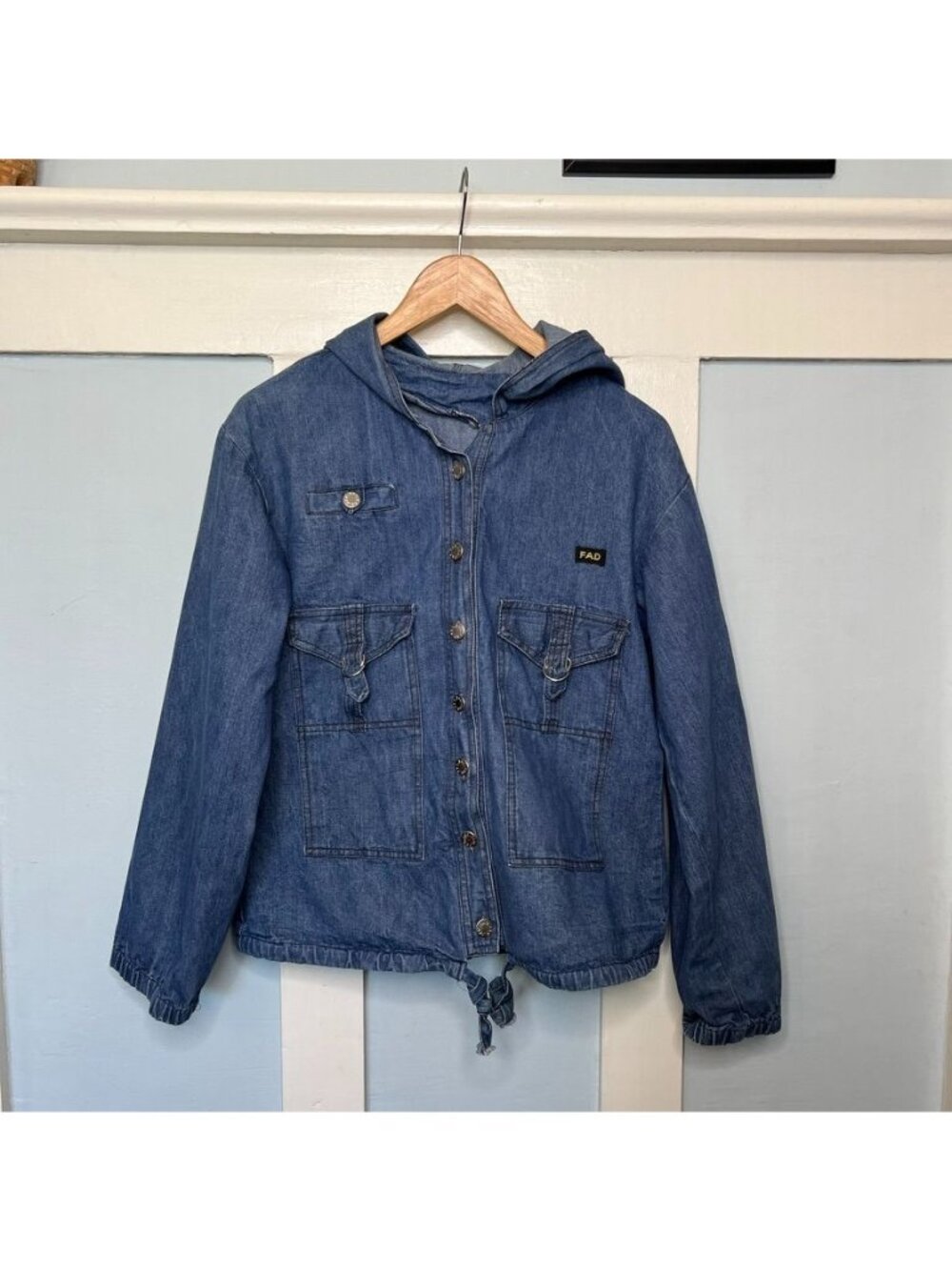 Fad Blue Denim Hooded Jacket With Front Button Closure & Adjustable Hem